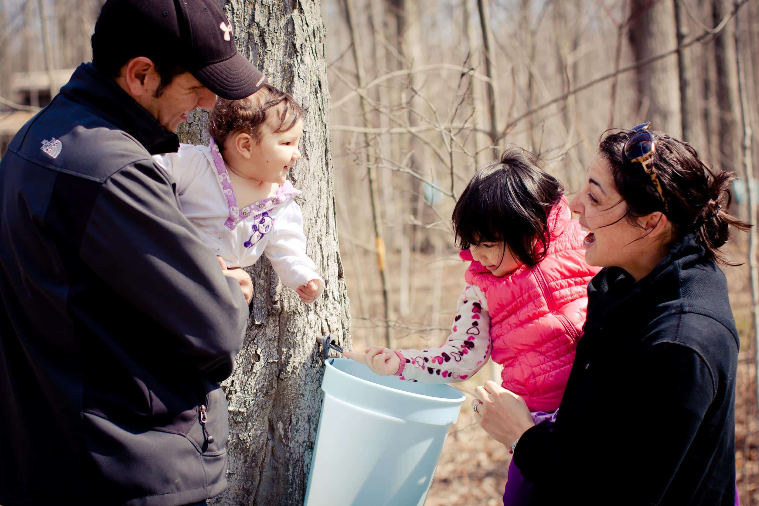 family with maple syrup bucket